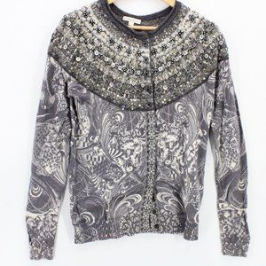 Lark Rising Cardigan Sweater Womens Gray Abstract Print Crochet Long Sleeve L